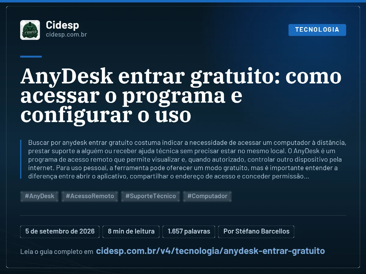 Cartão do artigo “AnyDesk entrar gratuito: como acessar o programa e configurar o uso”, com resumo, data de publicação e endereço da página.