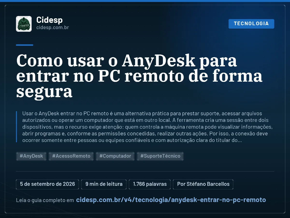 Cartão do artigo “Como usar o AnyDesk para entrar no PC remoto de forma segura”, com resumo, data de publicação e endereço da página.