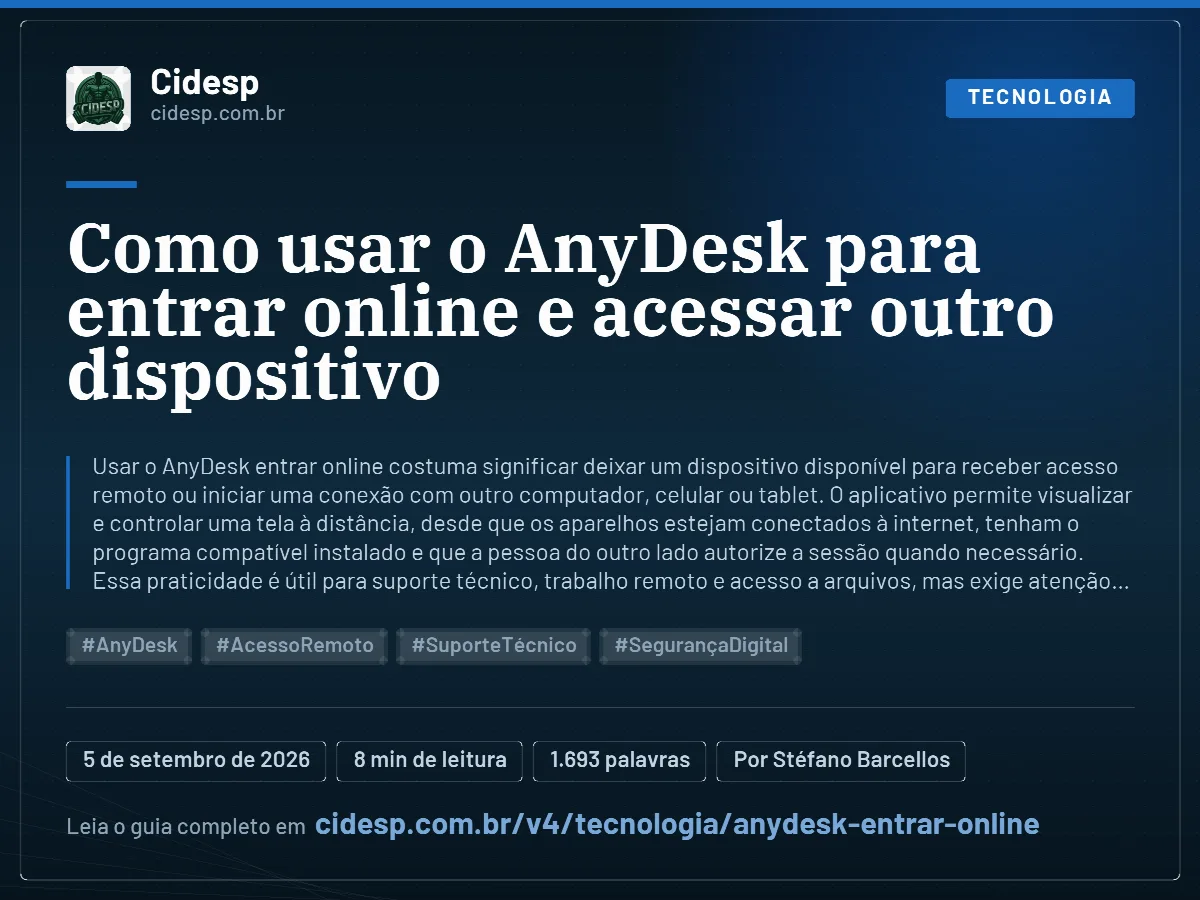 Cartão do artigo “Como usar o AnyDesk para entrar online e acessar outro dispositivo”, com resumo, data de publicação e endereço da página.