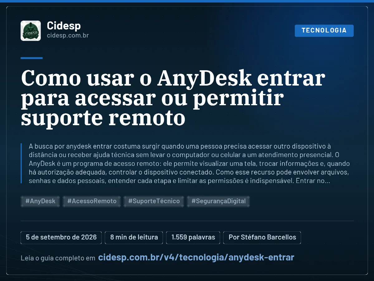 Cartão do artigo “Como usar o AnyDesk entrar para acessar ou permitir suporte remoto”, com resumo, data de publicação e endereço da página.