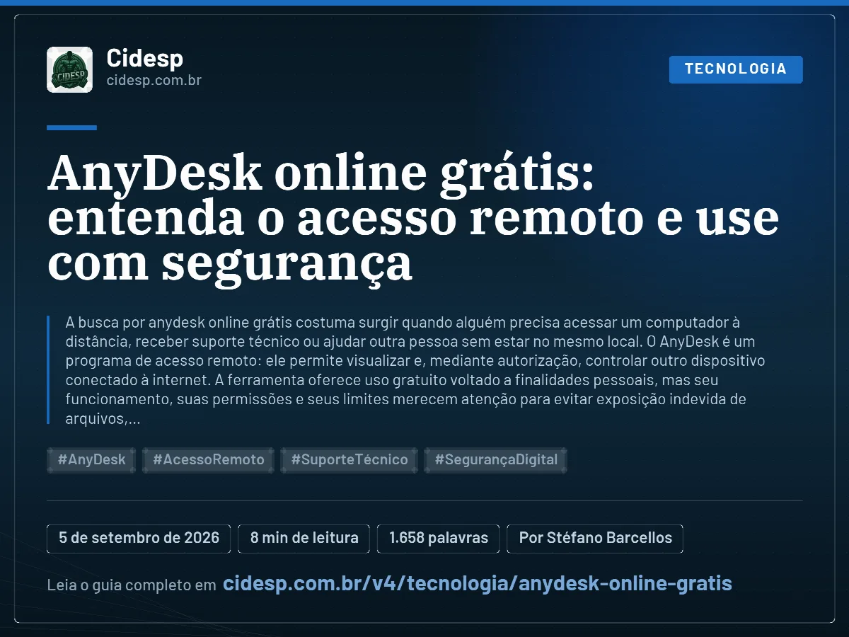 Cartão do artigo “AnyDesk online grátis: entenda o acesso remoto e use com segurança”, com resumo, data de publicação e endereço da página.