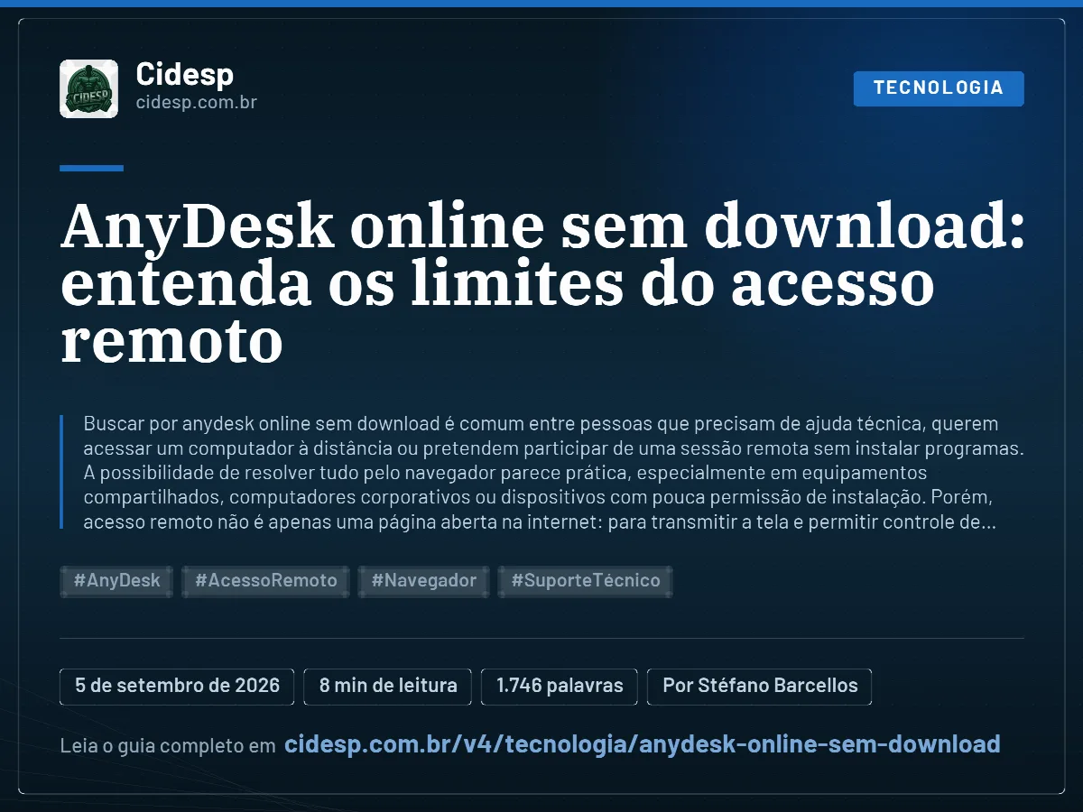 Cartão do artigo “AnyDesk online sem download: entenda os limites do acesso remoto”, com resumo, data de publicação e endereço da página.
