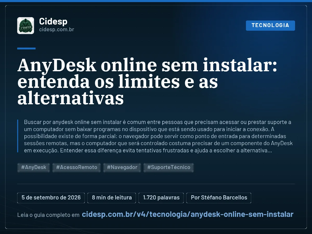 Cartão do artigo “AnyDesk online sem instalar: entenda os limites e as alternativas”, com resumo, data de publicação e endereço da página.