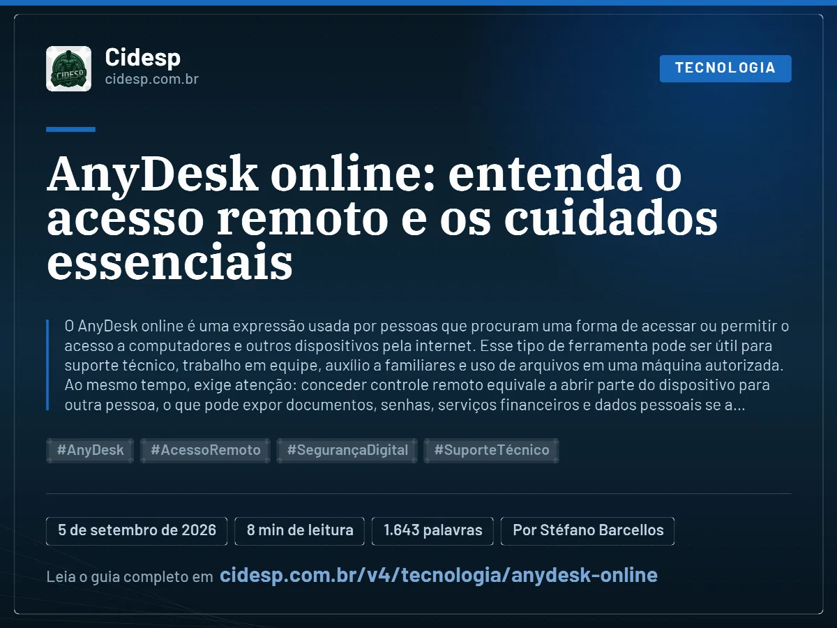 Cartão do artigo “AnyDesk online: entenda o acesso remoto e os cuidados essenciais”, com resumo, data de publicação e endereço da página.
