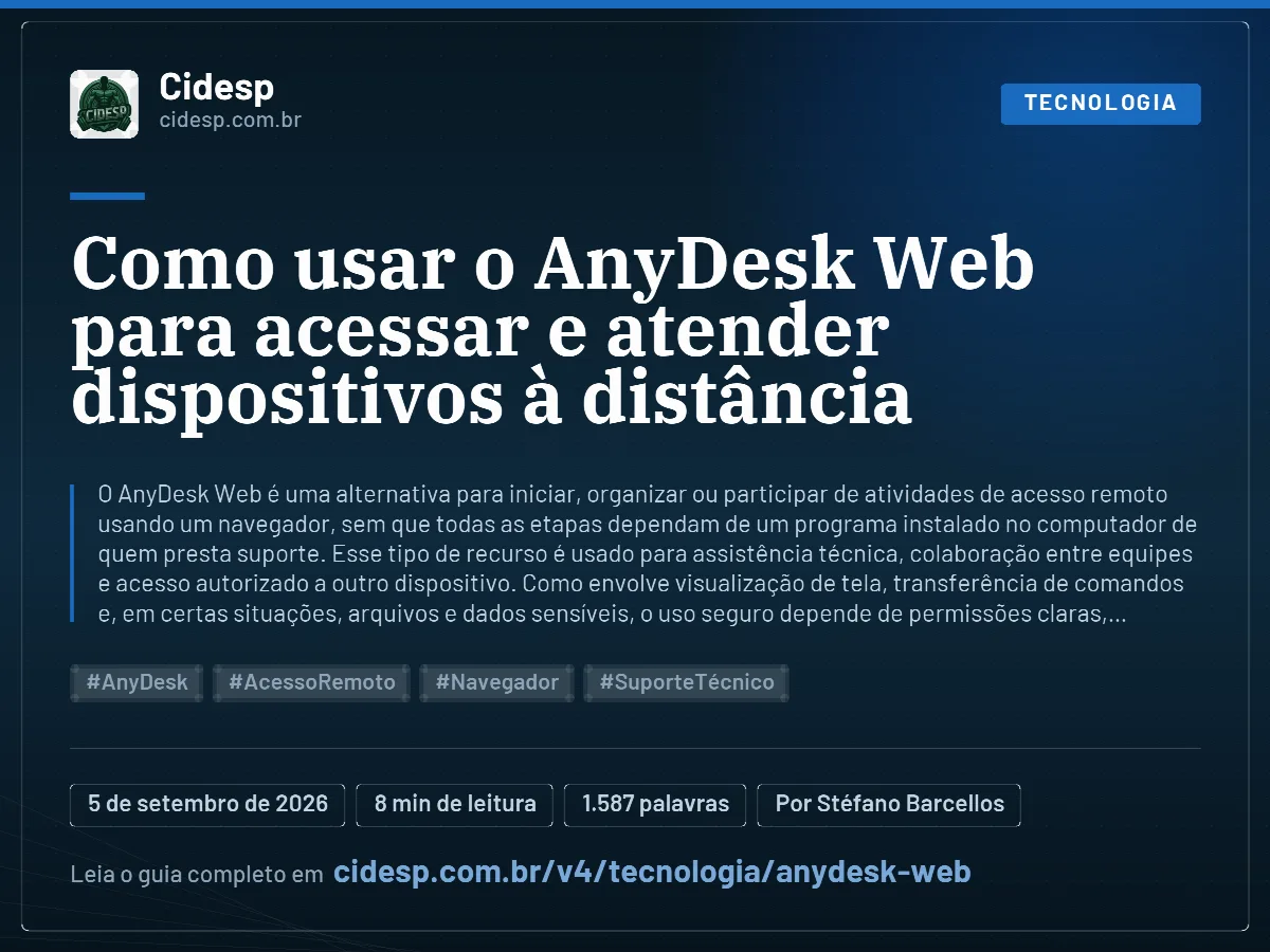 Cartão do artigo “Como usar o AnyDesk Web para acessar e atender dispositivos à distância”, com resumo, data de publicação e endereço da página.
