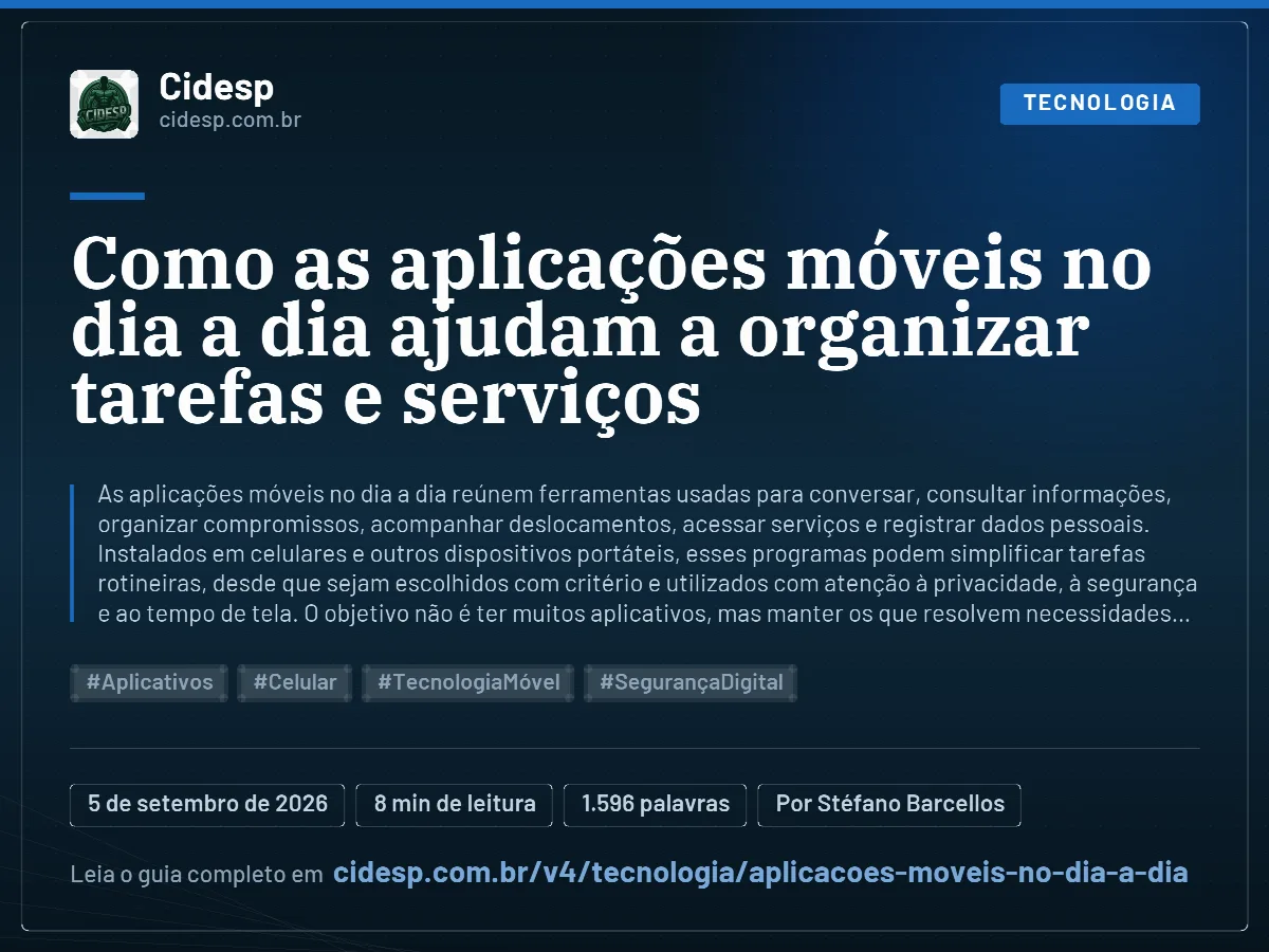 Cartão do artigo “Como as aplicações móveis no dia a dia ajudam a organizar tarefas e serviços”, com resumo, data de publicação e endereço da página.