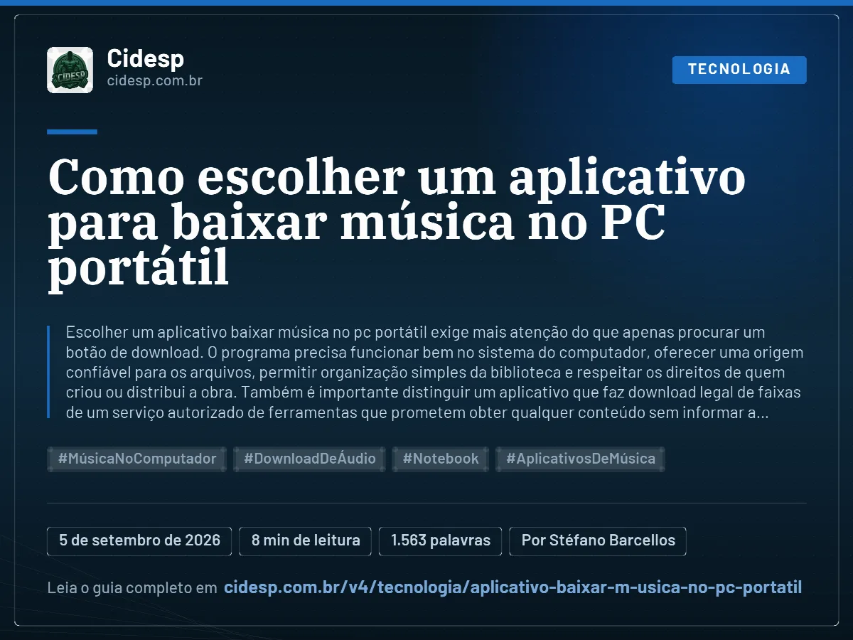 Cartão do artigo “Como escolher um aplicativo para baixar música no PC portátil”, com resumo, data de publicação e endereço da página.