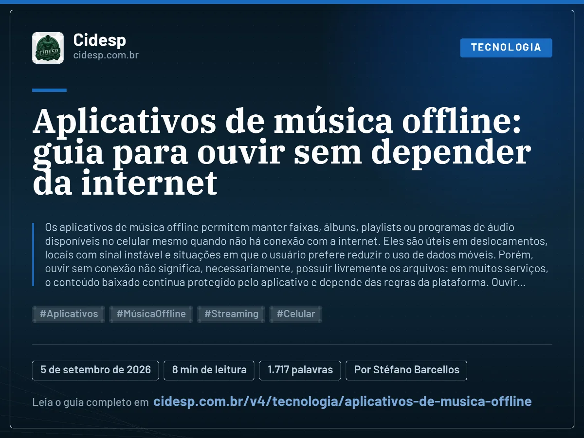 Cartão do artigo “Aplicativos de música offline: guia para ouvir sem depender da internet”, com resumo, data de publicação e endereço da página.