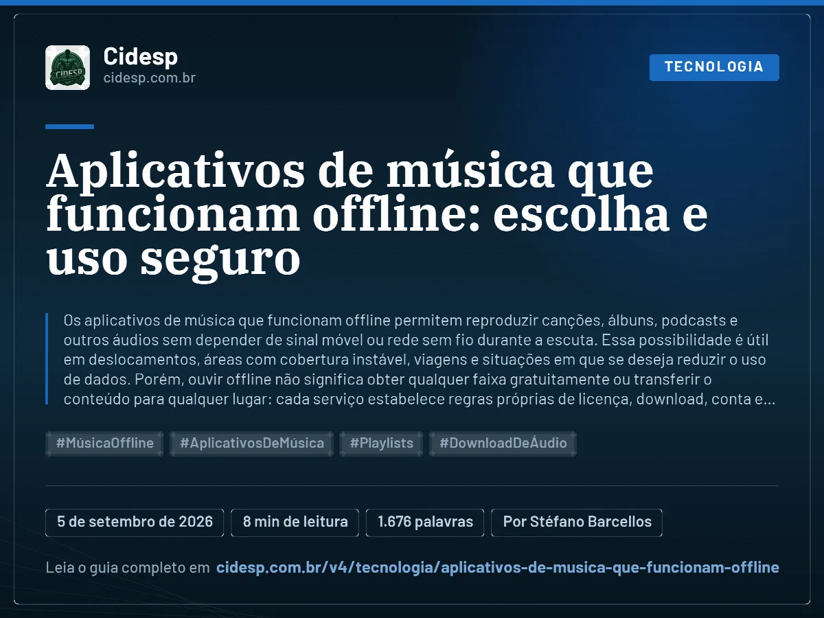 Cartão do artigo “Aplicativos de música que funcionam offline: escolha e uso seguro”, com resumo, data de publicação e endereço da página.