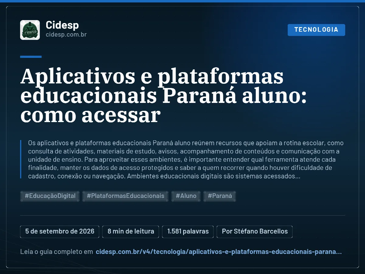 Cartão do artigo “Aplicativos e plataformas educacionais Paraná aluno: como acessar”, com resumo, data de publicação e endereço da página.