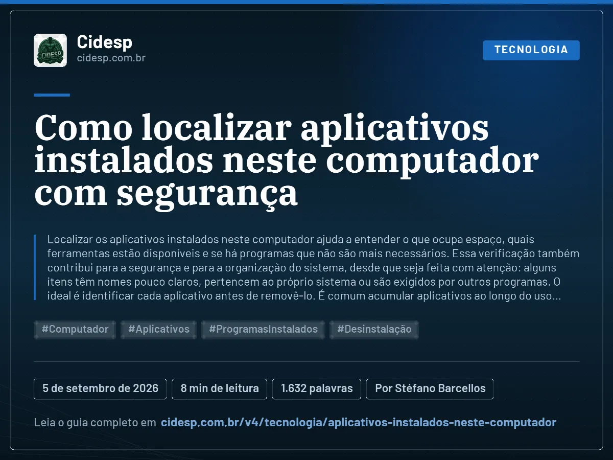 Cartão do artigo “Como localizar aplicativos instalados neste computador com segurança”, com resumo, data de publicação e endereço da página.