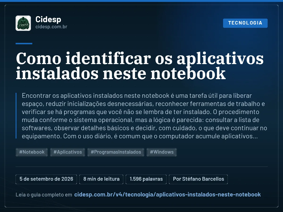 Cartão do artigo “Como identificar os aplicativos instalados neste notebook”, com resumo, data de publicação e endereço da página.