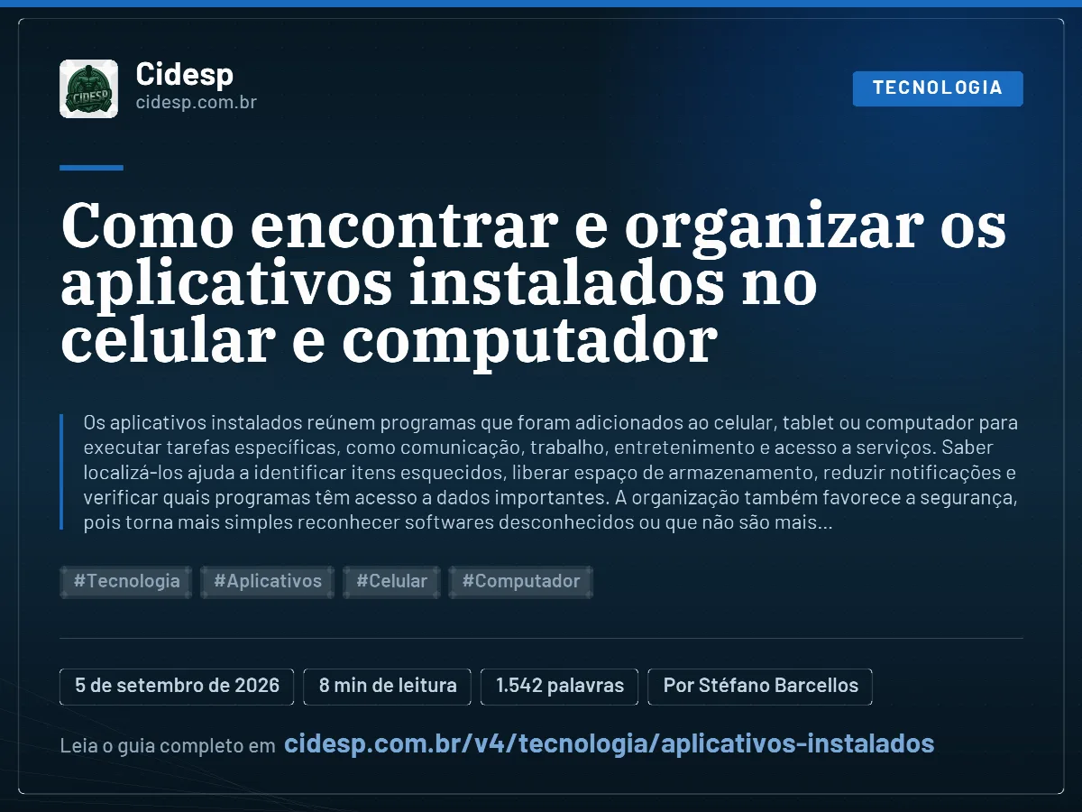 Cartão do artigo “Como encontrar e organizar os aplicativos instalados no celular e computador”, com resumo, data de publicação e endereço da página.
