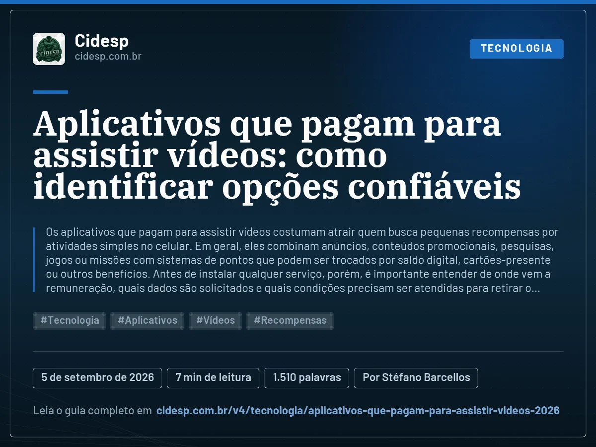 Cartão do artigo “Aplicativos que pagam para assistir vídeos: como identificar opções confiáveis”, com resumo, data de publicação e endereço da página.