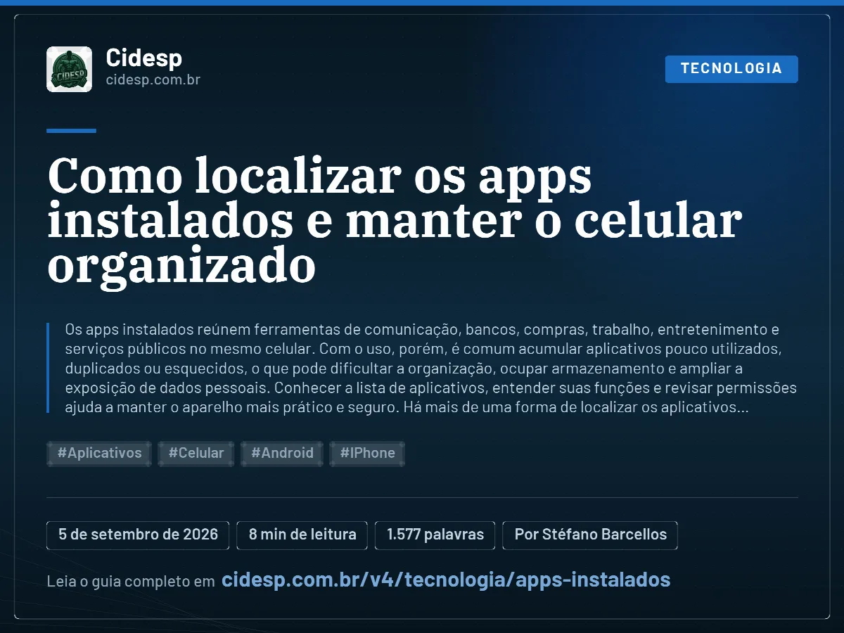 Cartão do artigo “Como localizar os apps instalados e manter o celular organizado”, com resumo, data de publicação e endereço da página.