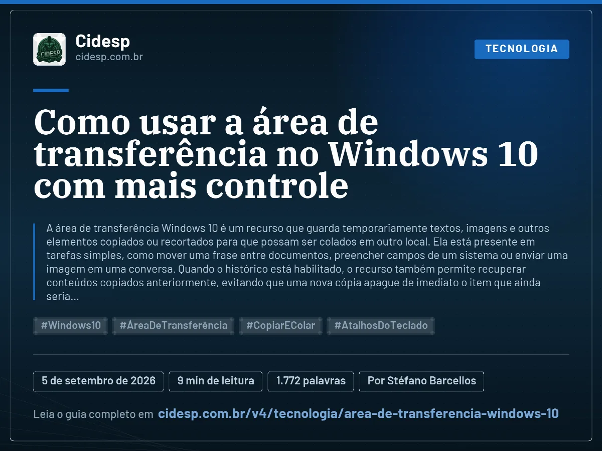 Cartão do artigo “Como usar a área de transferência no Windows 10 com mais controle”, com resumo, data de publicação e endereço da página.