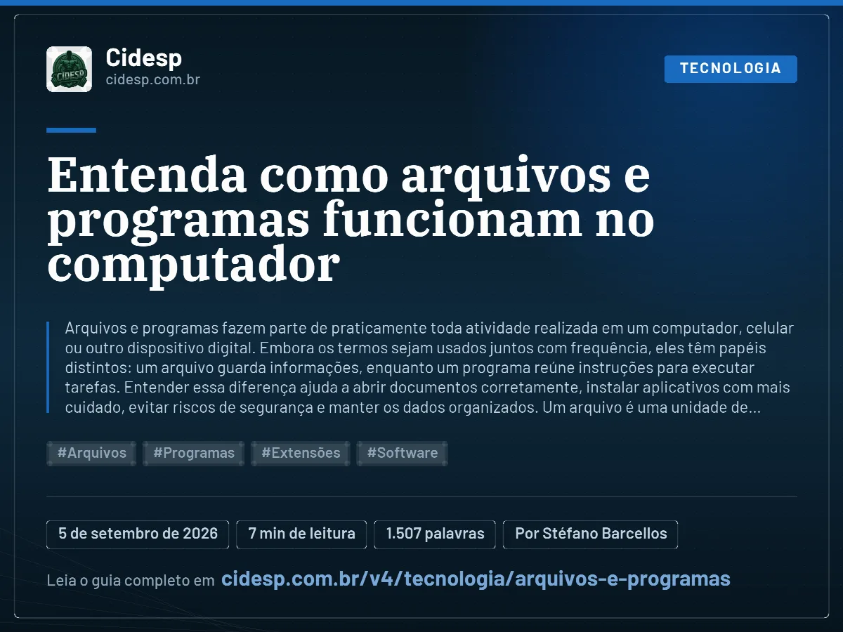Cartão do artigo “Entenda como arquivos e programas funcionam no computador”, com resumo, data de publicação e endereço da página.