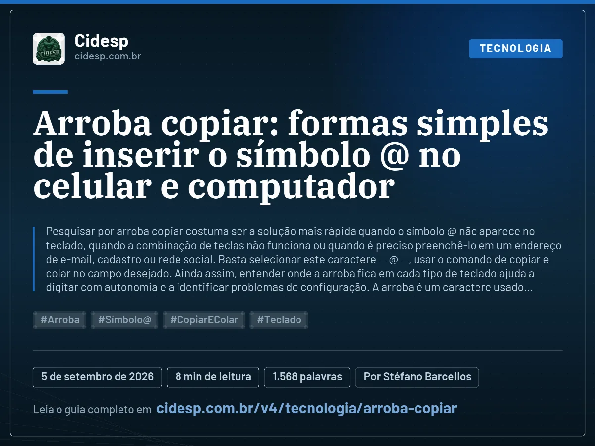 Cartão do artigo “Arroba copiar: formas simples de inserir o símbolo @ no celular e computador”, com resumo, data de publicação e endereço da página.