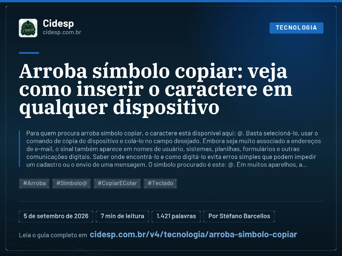 Cartão do artigo “Arroba símbolo copiar: veja como inserir o caractere em qualquer dispositivo”, com resumo, data de publicação e endereço da página.