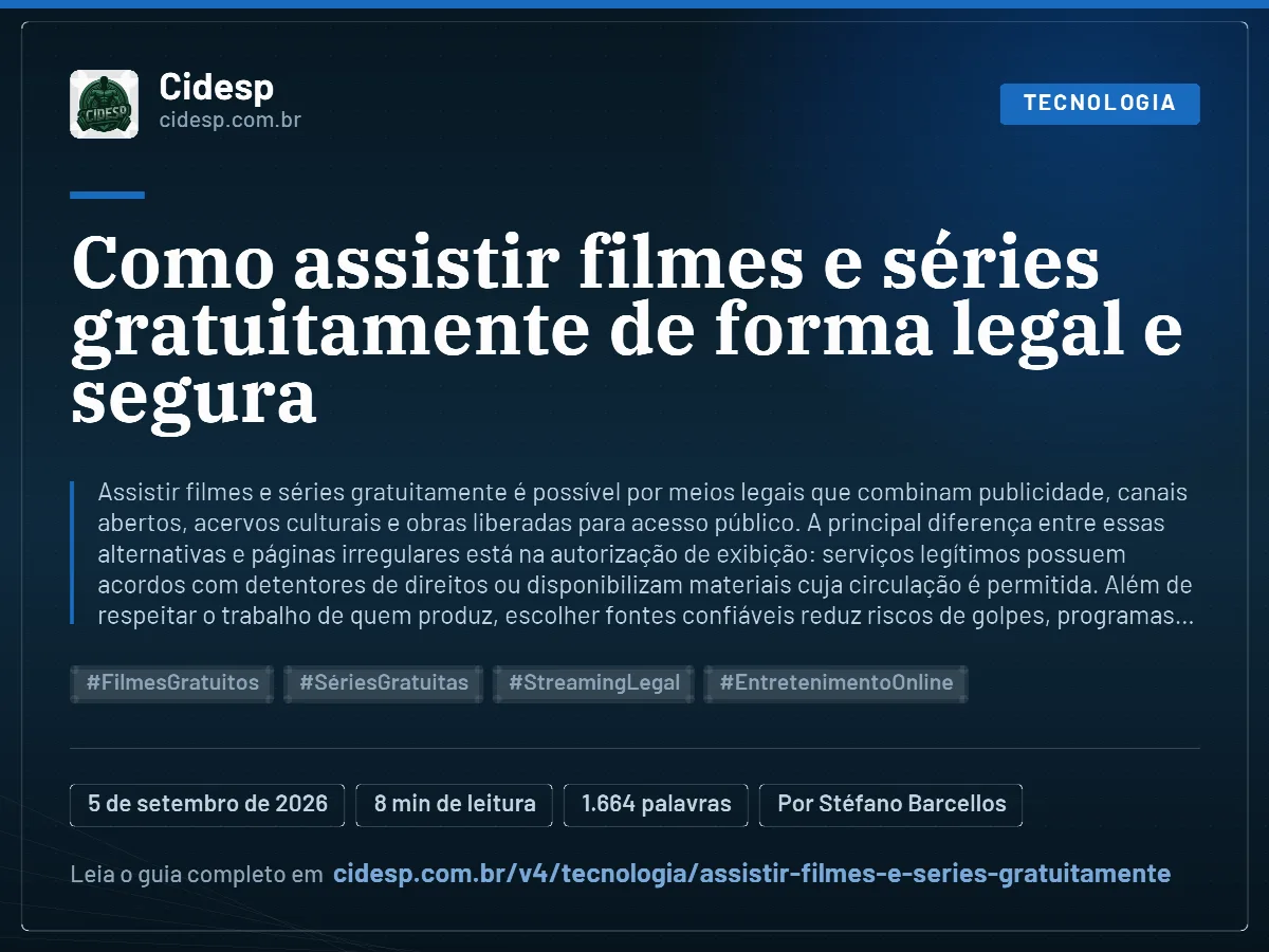 Cartão do artigo “Como assistir filmes e séries gratuitamente de forma legal e segura”, com resumo, data de publicação e endereço da página.