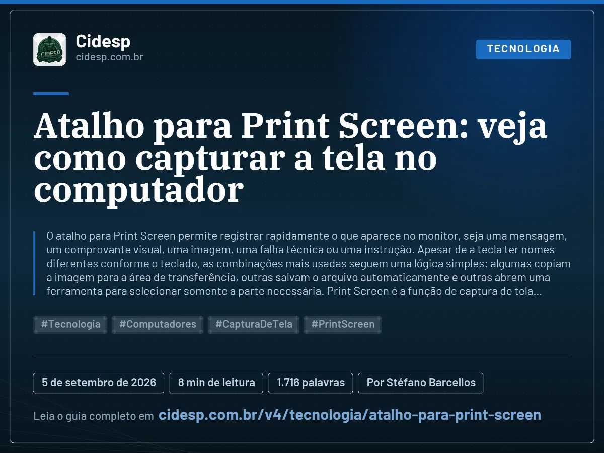 Cartão do artigo “Atalho para Print Screen: veja como capturar a tela no computador”, com resumo, data de publicação e endereço da página.