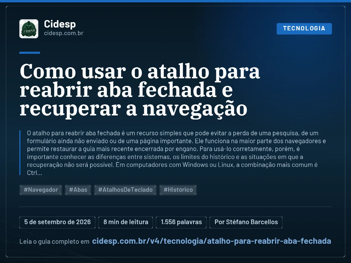 Cartão do artigo “Como usar o atalho para reabrir aba fechada e recuperar a navegação”, com resumo, data de publicação e endereço da página.