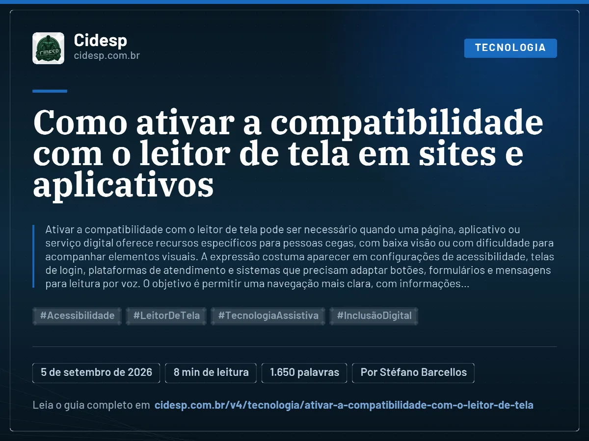 Cartão do artigo “Como ativar a compatibilidade com o leitor de tela em sites e aplicativos”, com resumo, data de publicação e endereço da página.