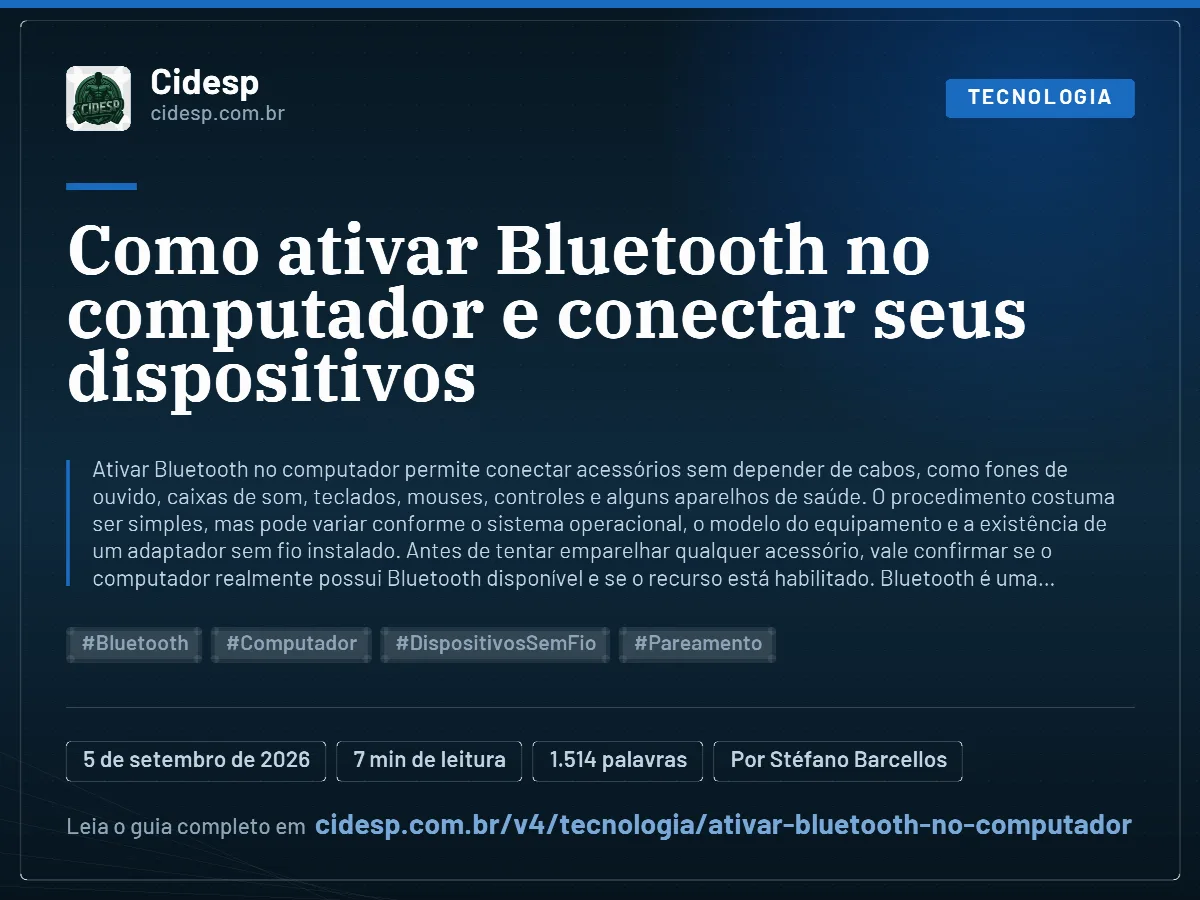 Cartão do artigo “Como ativar Bluetooth no computador e conectar seus dispositivos”, com resumo, data de publicação e endereço da página.