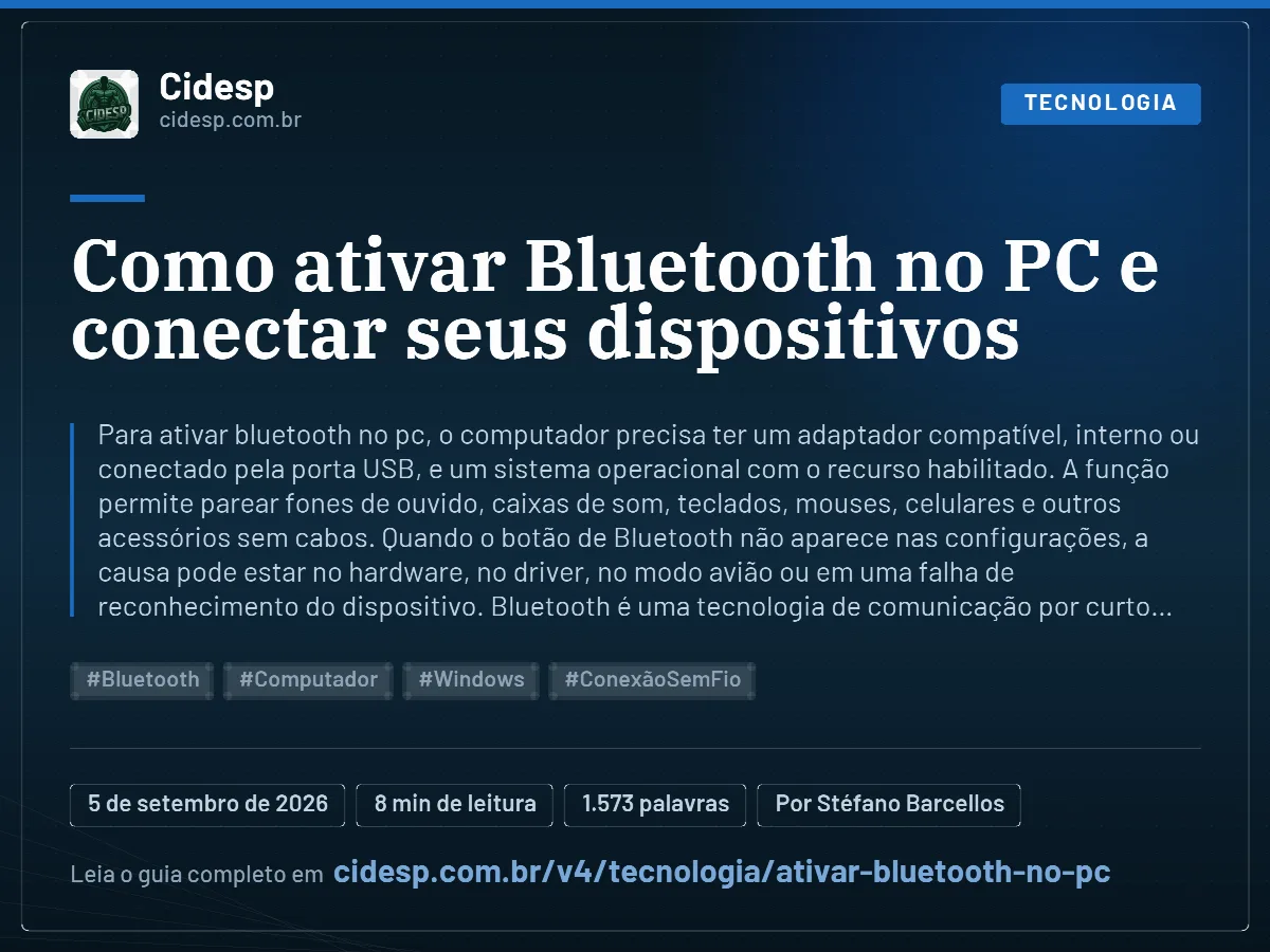 Cartão do artigo “Como ativar Bluetooth no PC e conectar seus dispositivos”, com resumo, data de publicação e endereço da página.