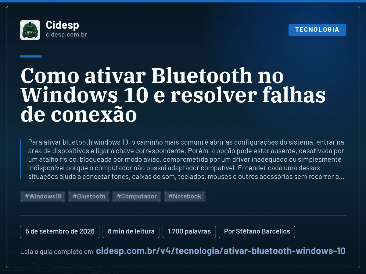 Cartão do artigo “Como ativar Bluetooth no Windows 10 e resolver falhas de conexão”, com resumo, data de publicação e endereço da página.