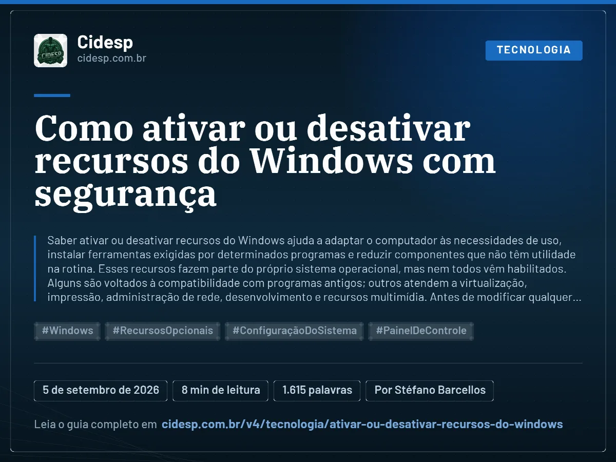Cartão do artigo “Como ativar ou desativar recursos do Windows com segurança”, com resumo, data de publicação e endereço da página.