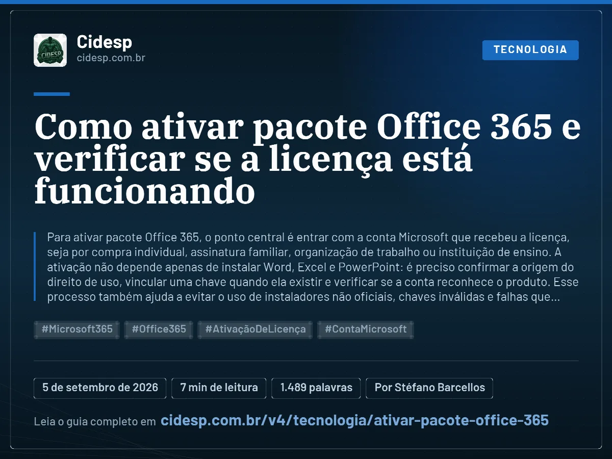 Cartão do artigo “Como ativar pacote Office 365 e verificar se a licença está funcionando”, com resumo, data de publicação e endereço da página.