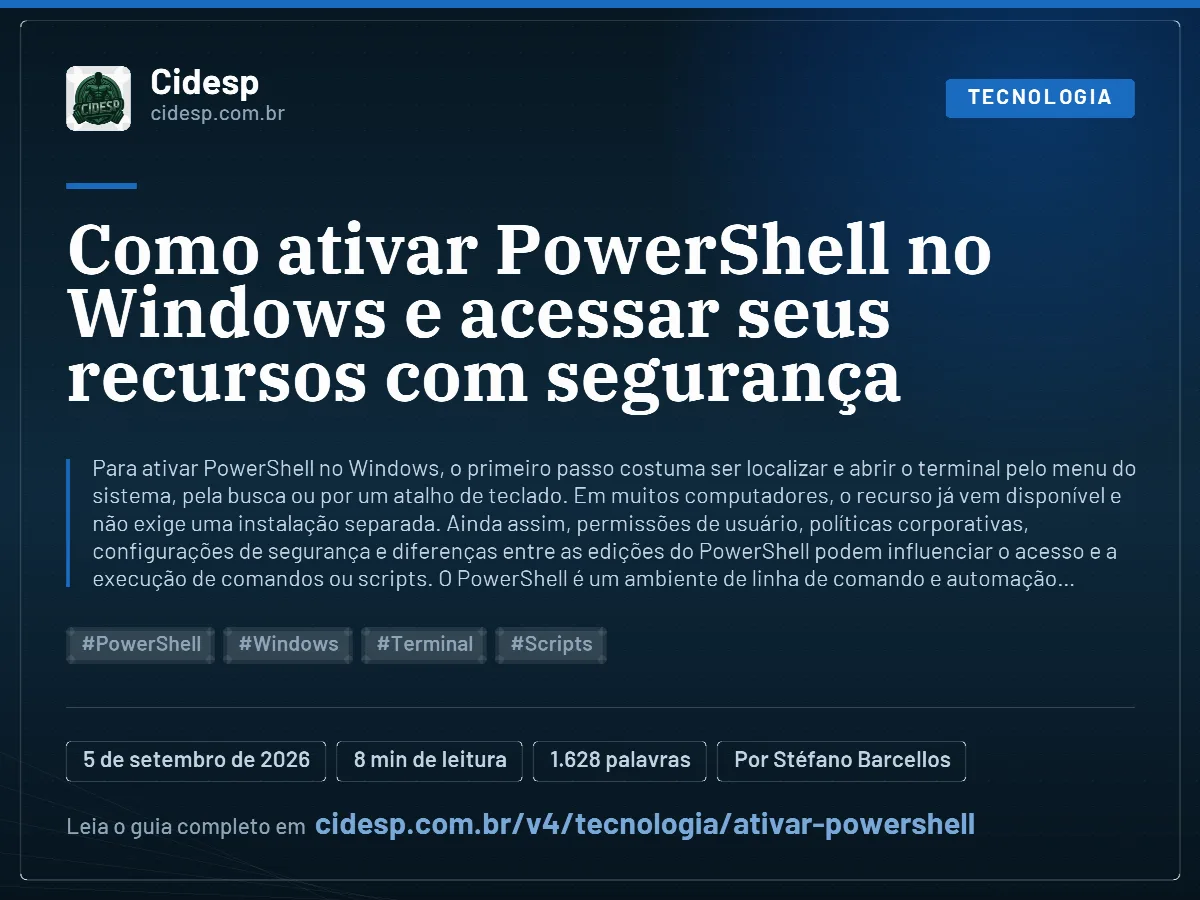 Cartão do artigo “Como ativar PowerShell no Windows e acessar seus recursos com segurança”, com resumo, data de publicação e endereço da página.
