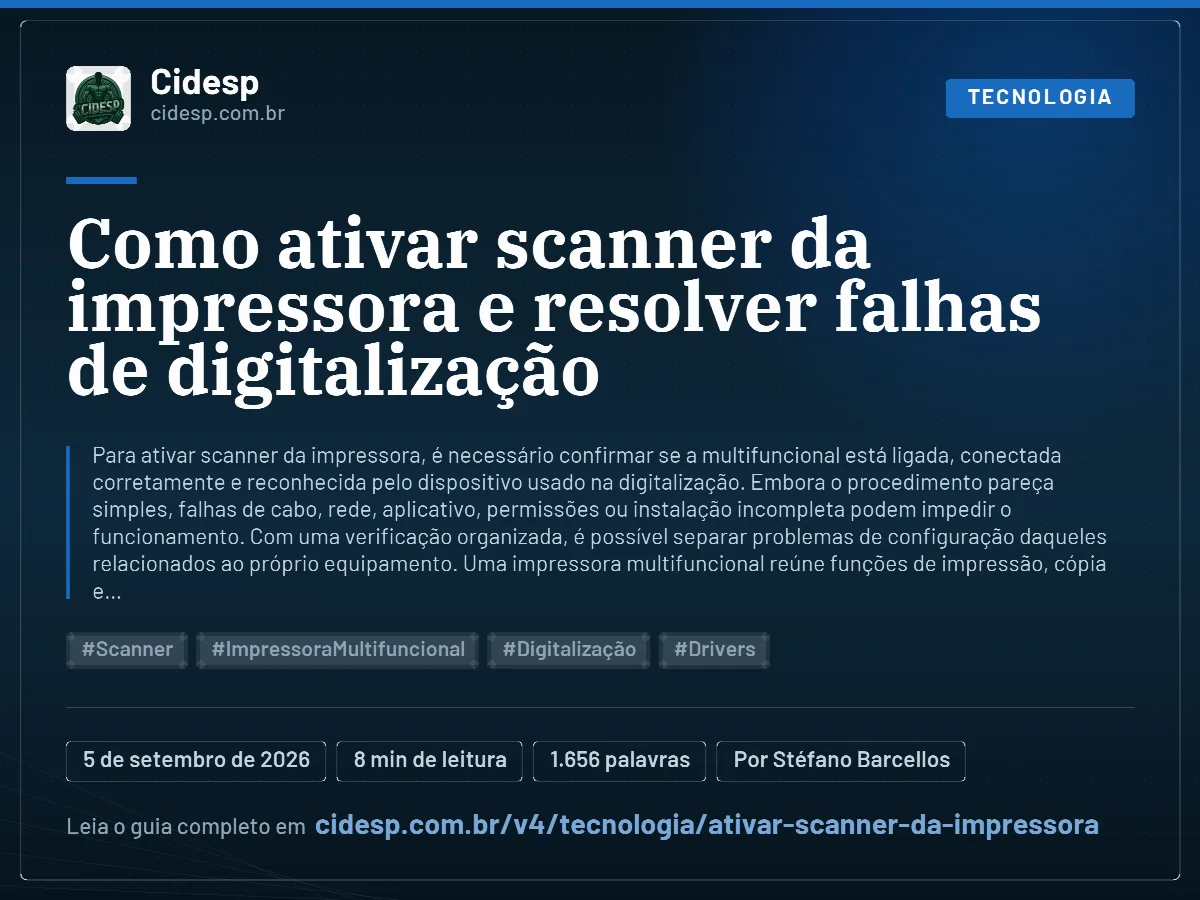 Cartão do artigo “Como ativar scanner da impressora e resolver falhas de digitalização”, com resumo, data de publicação e endereço da página.