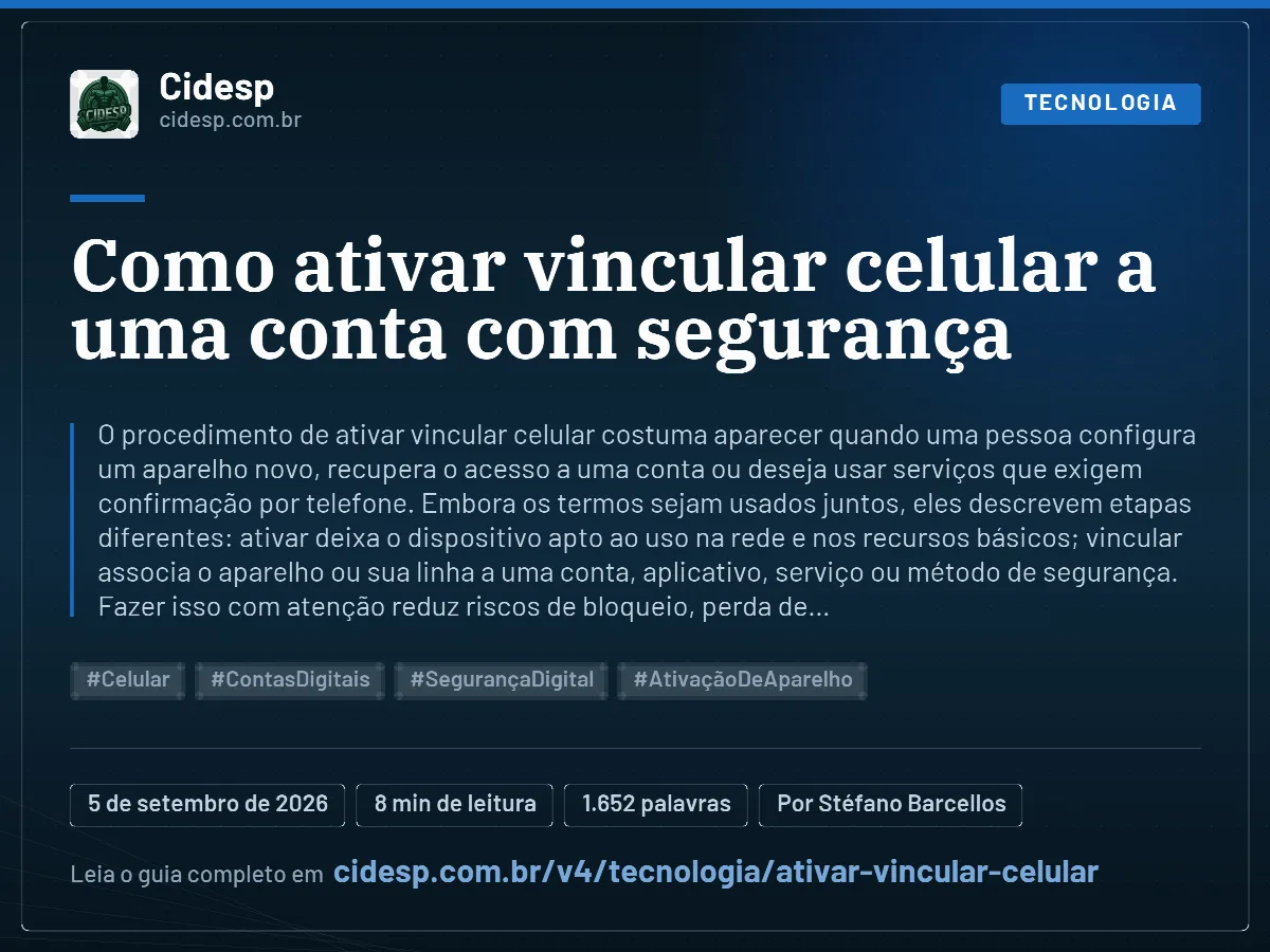 Cartão do artigo “Como ativar vincular celular a uma conta com segurança”, com resumo, data de publicação e endereço da página.