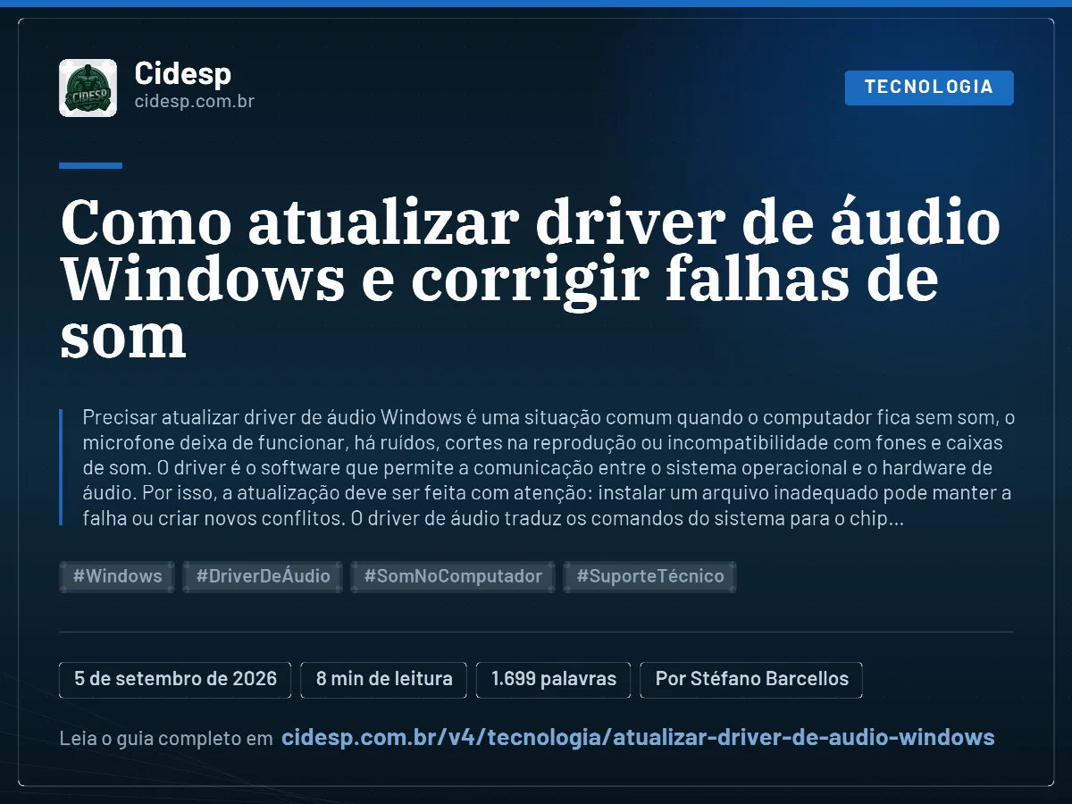 Cartão do artigo “Como atualizar driver de áudio Windows e corrigir falhas de som”, com resumo, data de publicação e endereço da página.