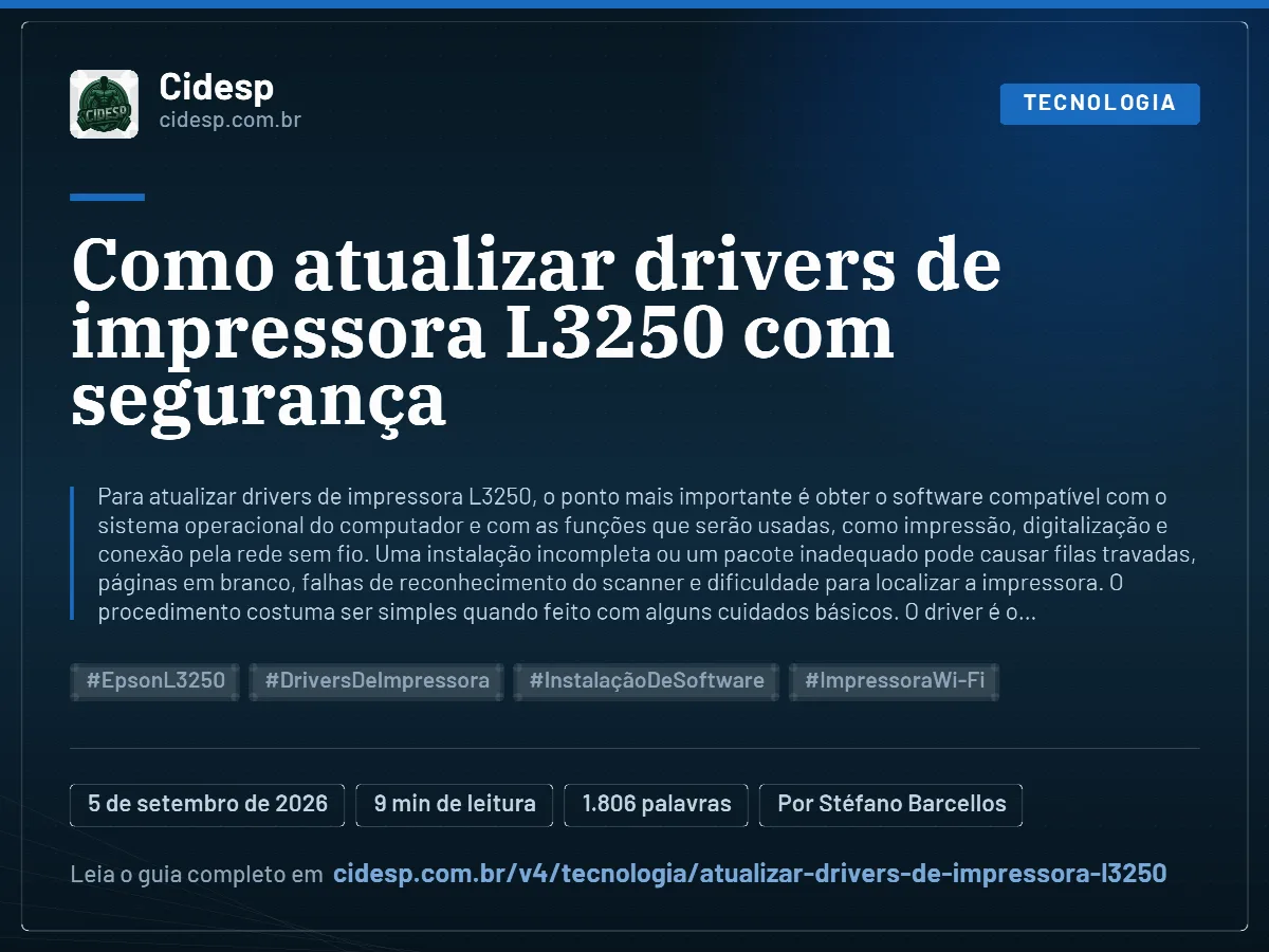 Cartão do artigo “Como atualizar drivers de impressora L3250 com segurança”, com resumo, data de publicação e endereço da página.