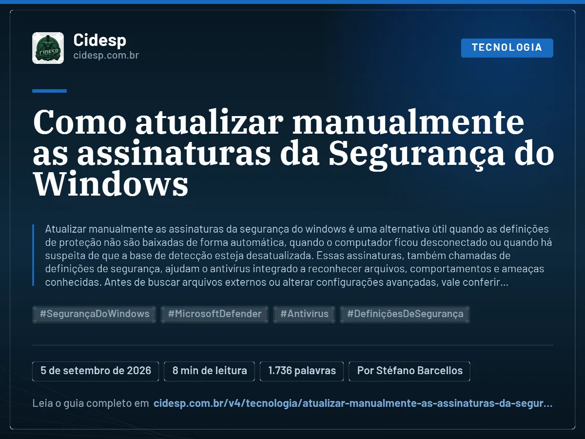 Cartão do artigo “Como atualizar manualmente as assinaturas da Segurança do Windows”, com resumo, data de publicação e endereço da página.
