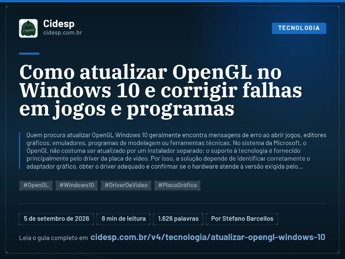 Cartão do artigo “Como atualizar OpenGL no Windows 10 e corrigir falhas em jogos e programas”, com resumo, data de publicação e endereço da página.