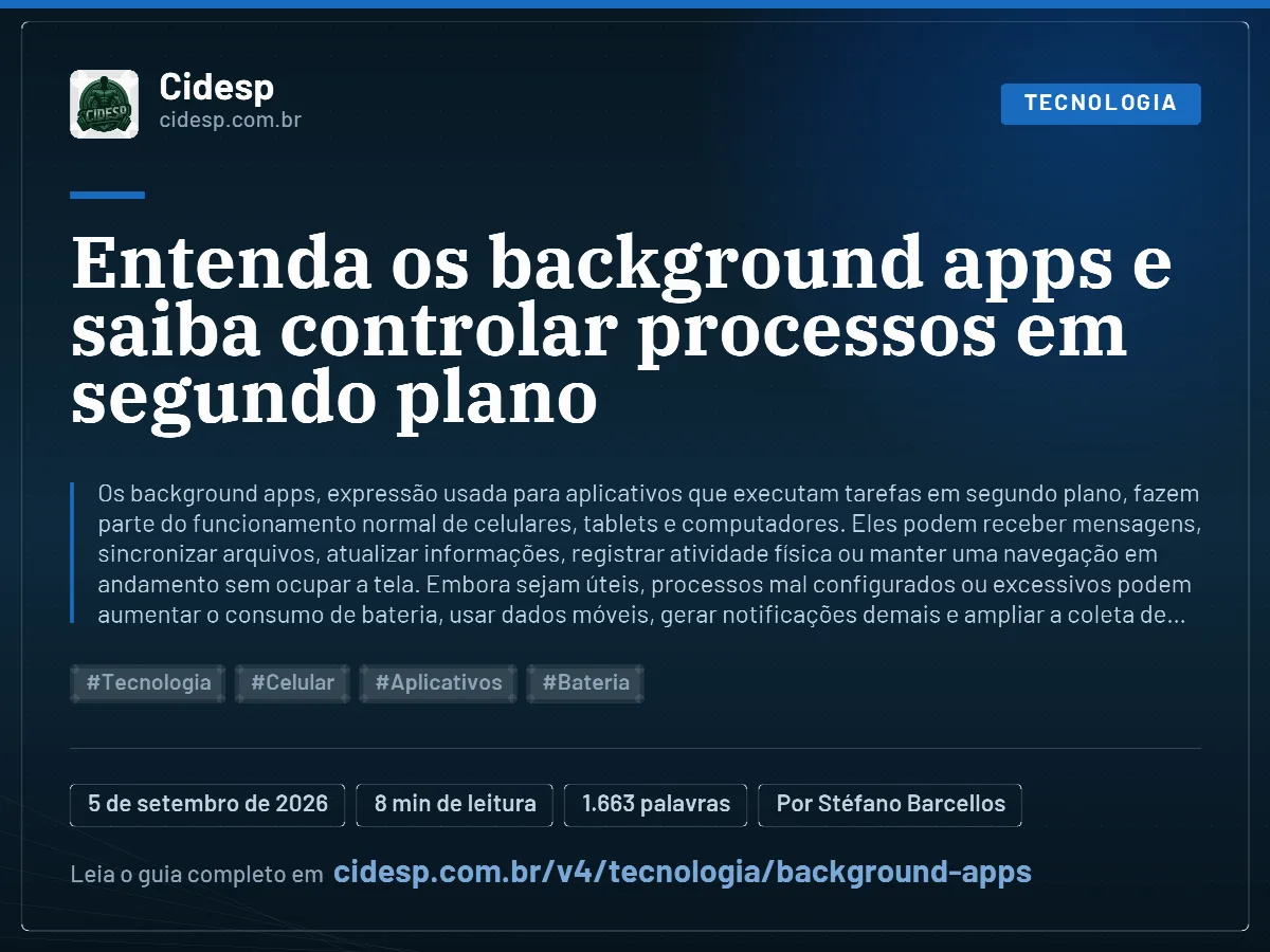 Cartão do artigo “Entenda os background apps e saiba controlar processos em segundo plano”, com resumo, data de publicação e endereço da página.