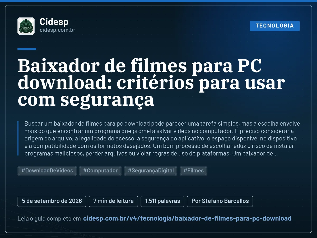 Cartão do artigo “Baixador de filmes para PC download: critérios para usar com segurança”, com resumo, data de publicação e endereço da página.
