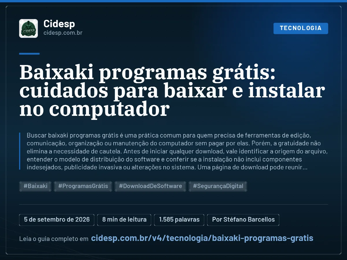 Cartão do artigo “Baixaki programas grátis: cuidados para baixar e instalar no computador”, com resumo, data de publicação e endereço da página.