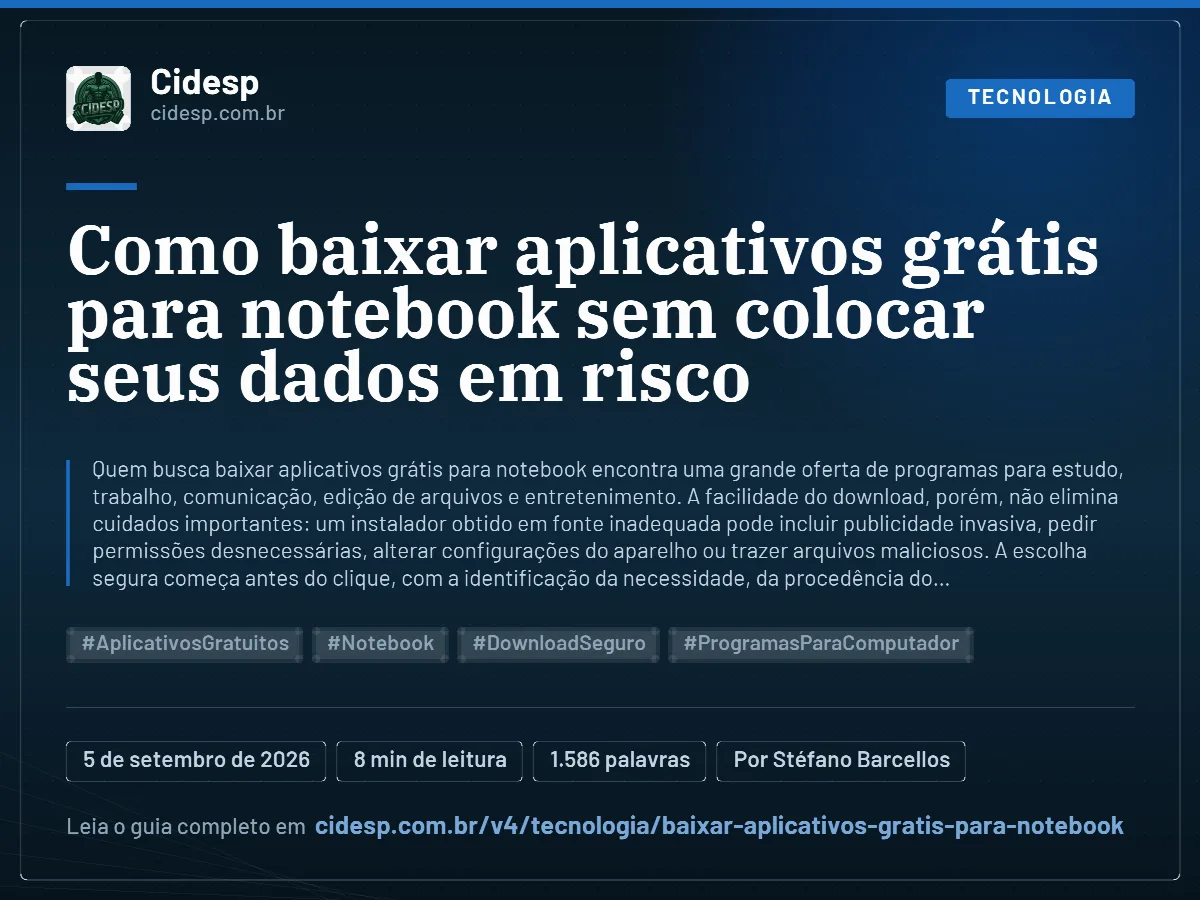 Cartão do artigo “Como baixar aplicativos grátis para notebook sem colocar seus dados em risco”, com resumo, data de publicação e endereço da página.