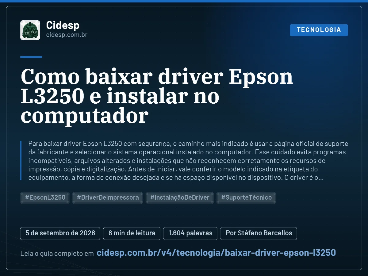 Cartão do artigo “Como baixar driver Epson L3250 e instalar no computador”, com resumo, data de publicação e endereço da página.