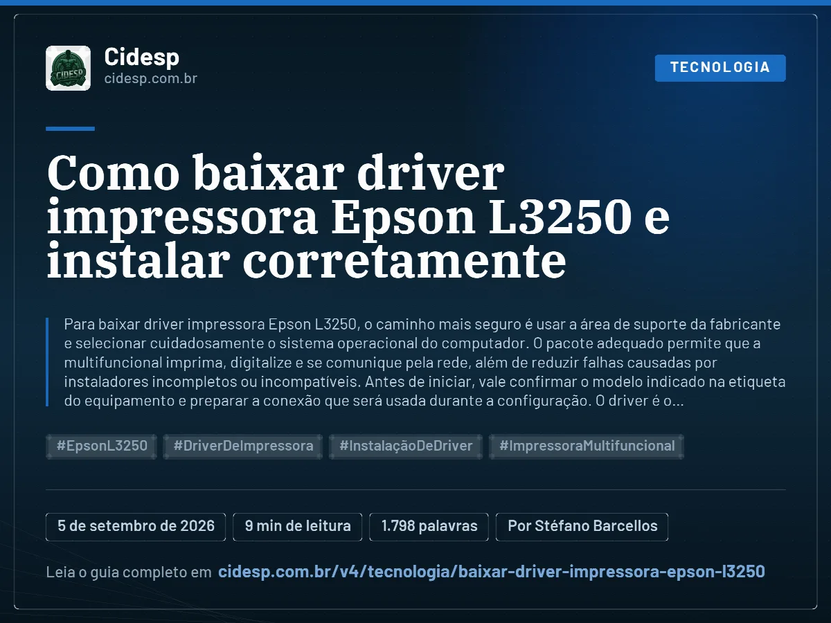 Cartão do artigo “Como baixar driver impressora Epson L3250 e instalar corretamente”, com resumo, data de publicação e endereço da página.