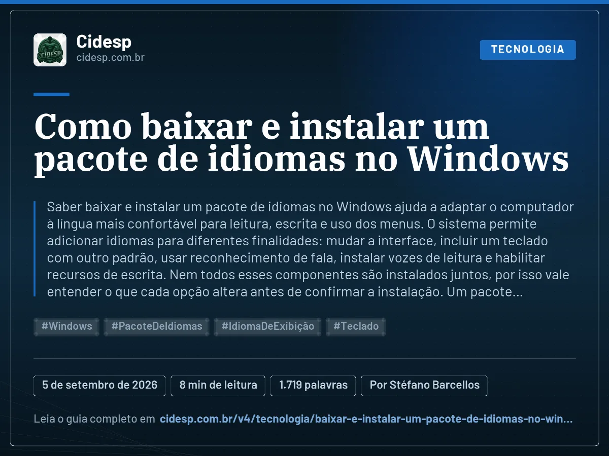 Cartão do artigo “Como baixar e instalar um pacote de idiomas no Windows”, com resumo, data de publicação e endereço da página.