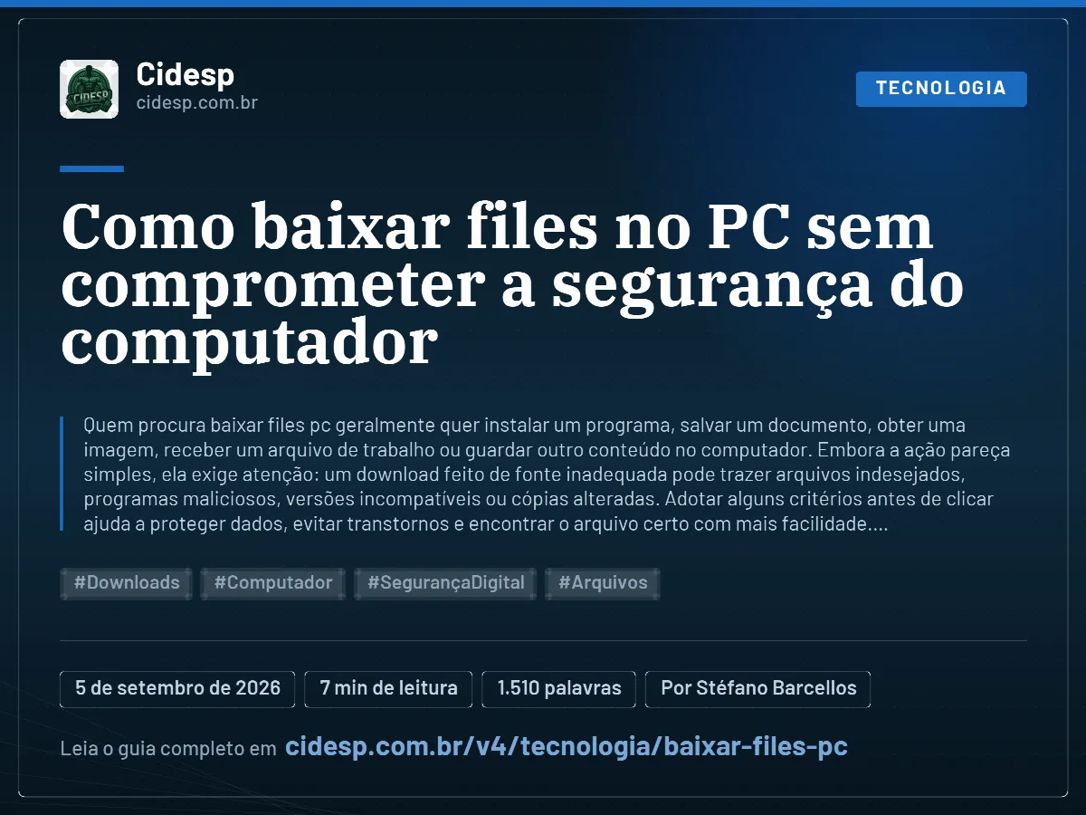 Cartão do artigo “Como baixar files no PC sem comprometer a segurança do computador”, com resumo, data de publicação e endereço da página.