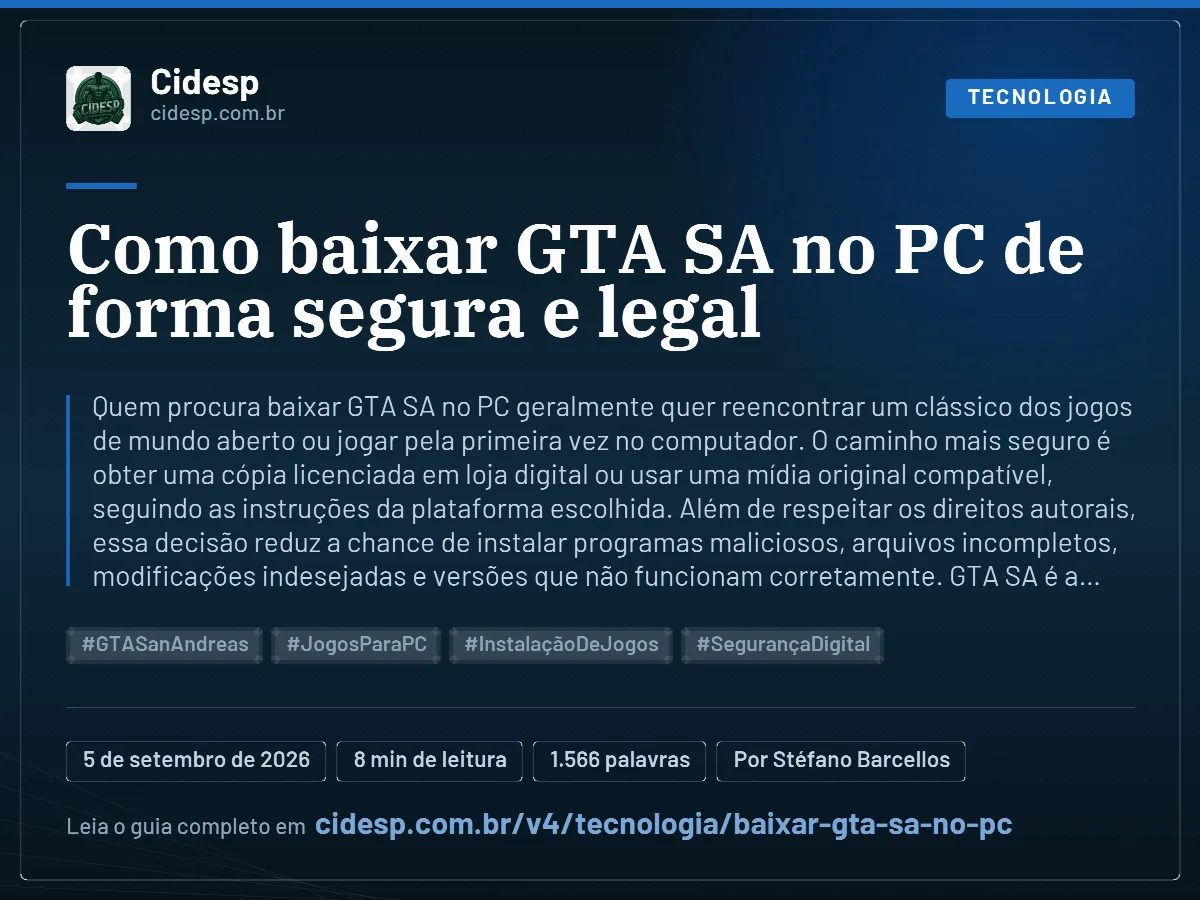 Cartão do artigo “Como baixar GTA SA no PC de forma segura e legal”, com resumo, data de publicação e endereço da página.