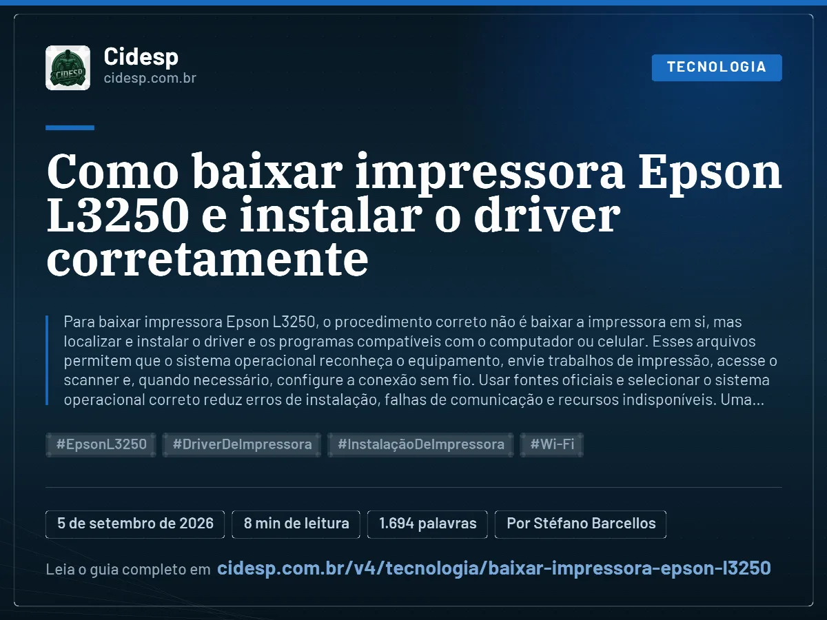 Cartão do artigo “Como baixar impressora Epson L3250 e instalar o driver corretamente”, com resumo, data de publicação e endereço da página.