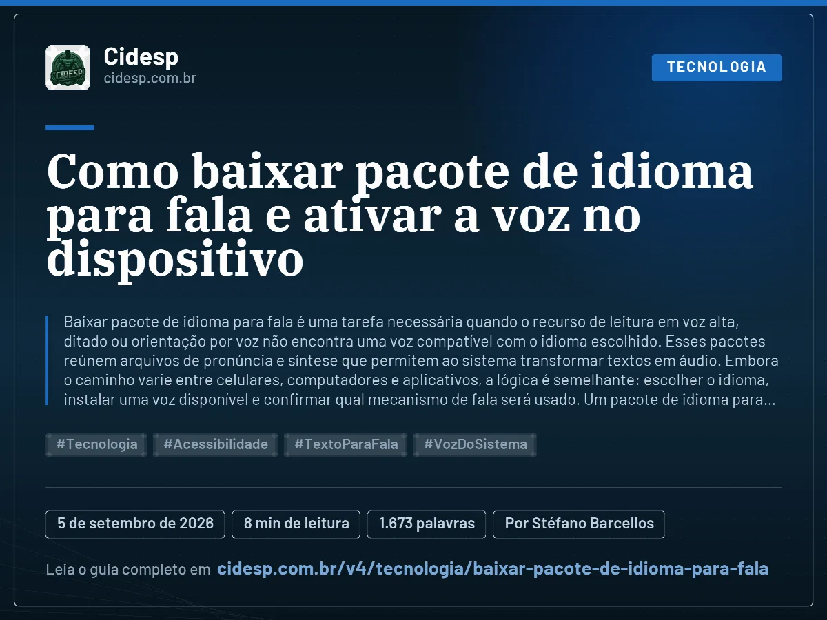 Cartão do artigo “Como baixar pacote de idioma para fala e ativar a voz no dispositivo”, com resumo, data de publicação e endereço da página.